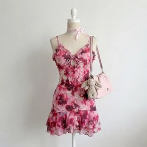 Ardene Floral Pink Ruffle Dress With Bow And Cut Out